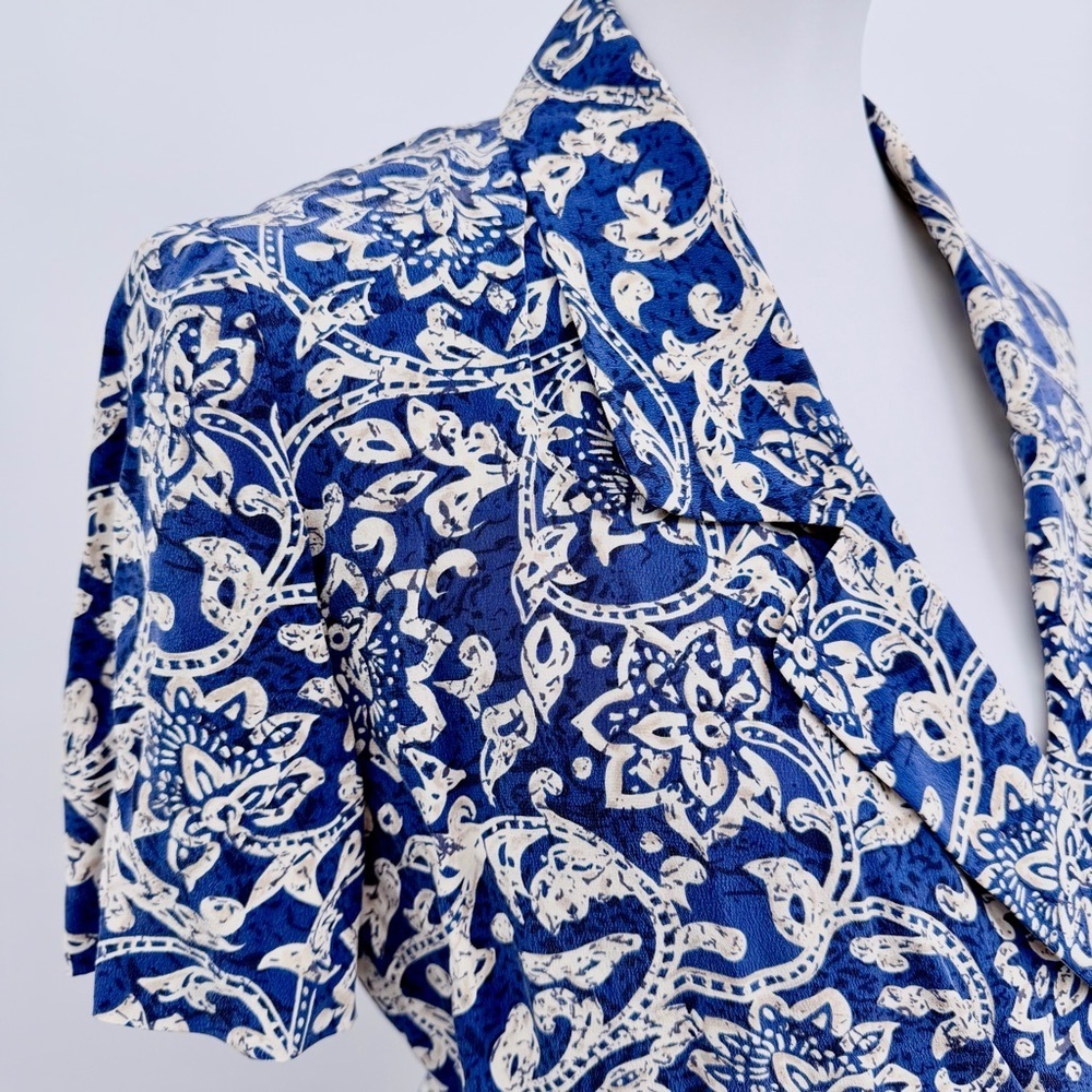 ADRIANNA PAPELL Vintage 100% Silk Blue Floral Midi Dress Wrap Tie Waist - Picture 9 of 11